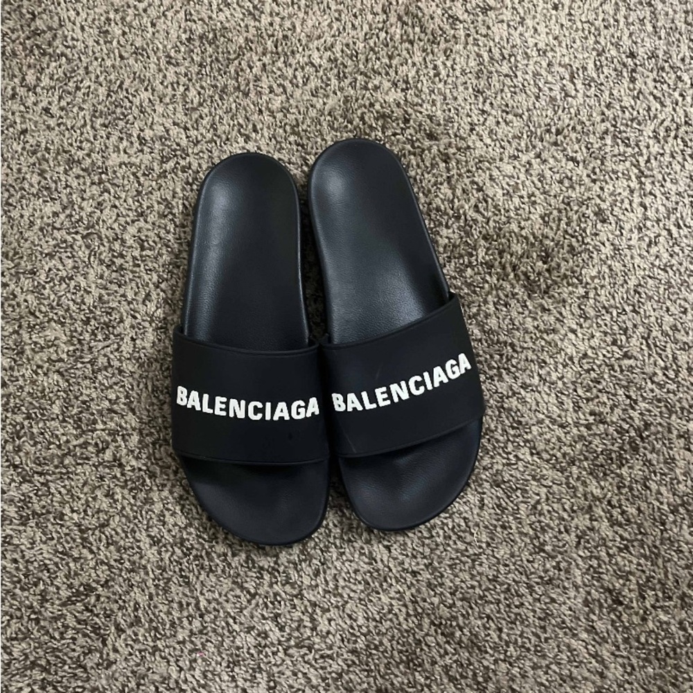 Balenciaga Black Slide Sandals with White Logo